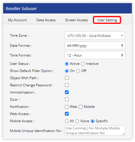 User settings for reseller sub-user Required Details